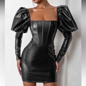 Beautiful Black Faux Leather puff sleeve mini dress w/corset detail ✨✨